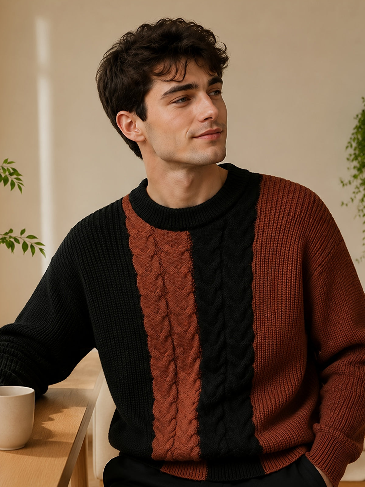 Men'S Vertical Stripe Color-Block Jacquard Round Neck Sweater, Loose Drop Shoulder Fit, Casual Relaxed Style, Flattering for All Body Types, Ideal for Daily Outings, Dates, And Commuting - SINBOS - Red