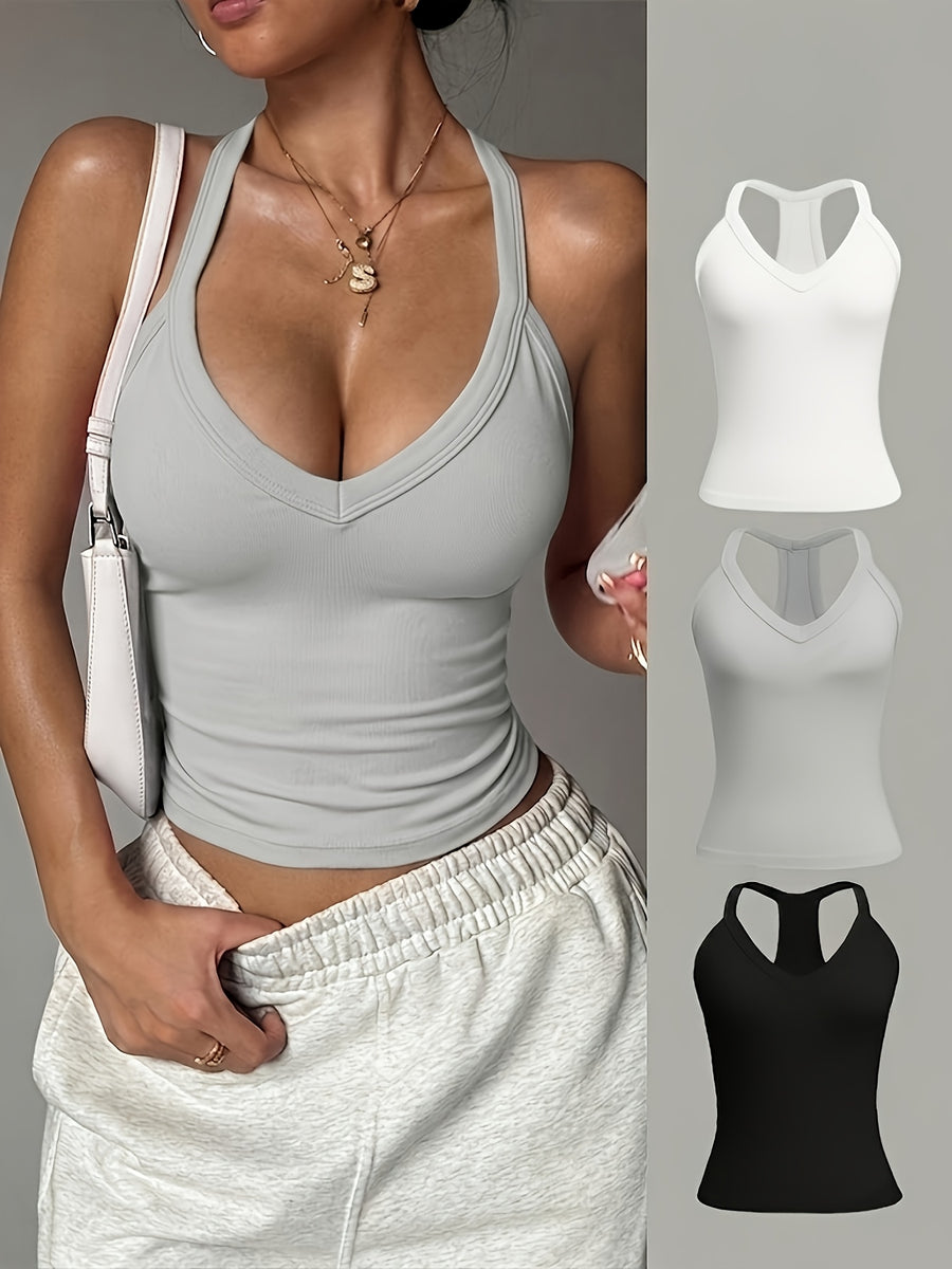 3pcs/set Y-back Cropped Tank Top, V-neck Sleeveless Slim-fit Basic T-shirt, Suitable for Daily and Casual Wear, Yoga, Running, Fitness, Stretchy Athletic Workout Tank Top, Breathable - White+gray+black