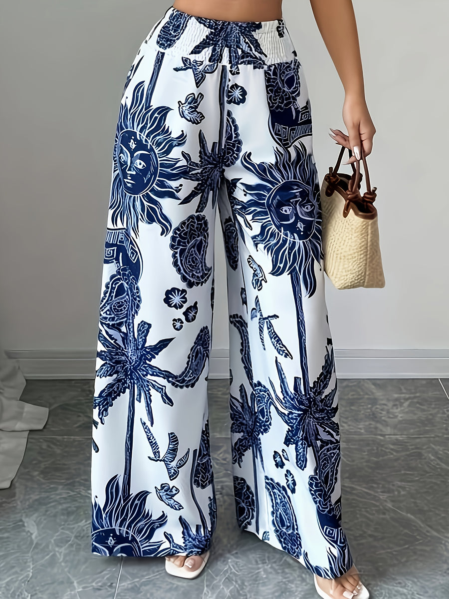 New Stylish Casual Tropical Print Vacation-Style Women'S Long Pants - Blue Flower
