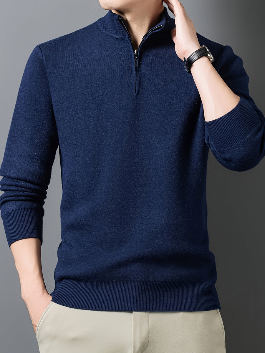 1pc Men'S Solid Color Small Stand Collar Knit Pullover Autumn Winter Zipper Casual Fleece Warm Top - Navy Color