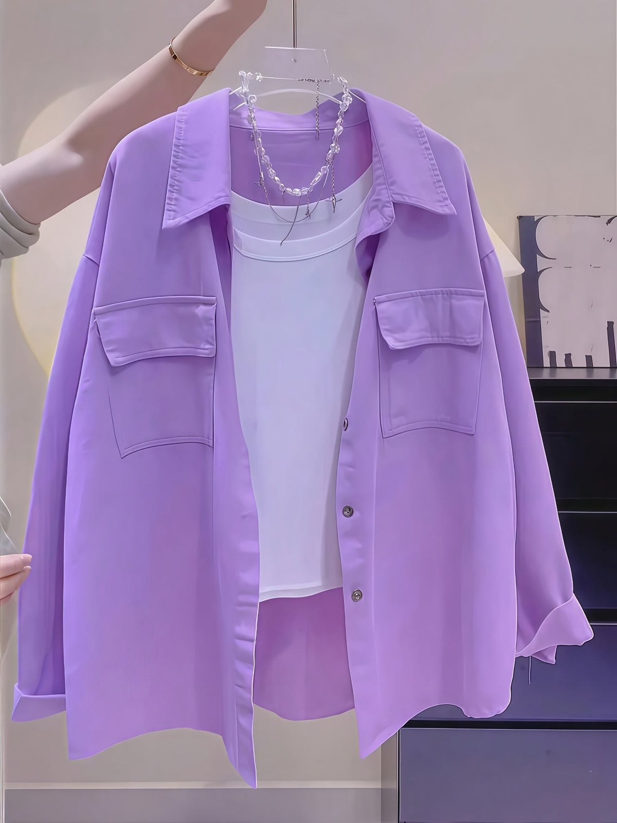 Women'S Purple Button-Front Shirt Collar Blouse, Long Sleeve Regular Fit Fabric Top, Suitable for Casual Wear - Purple