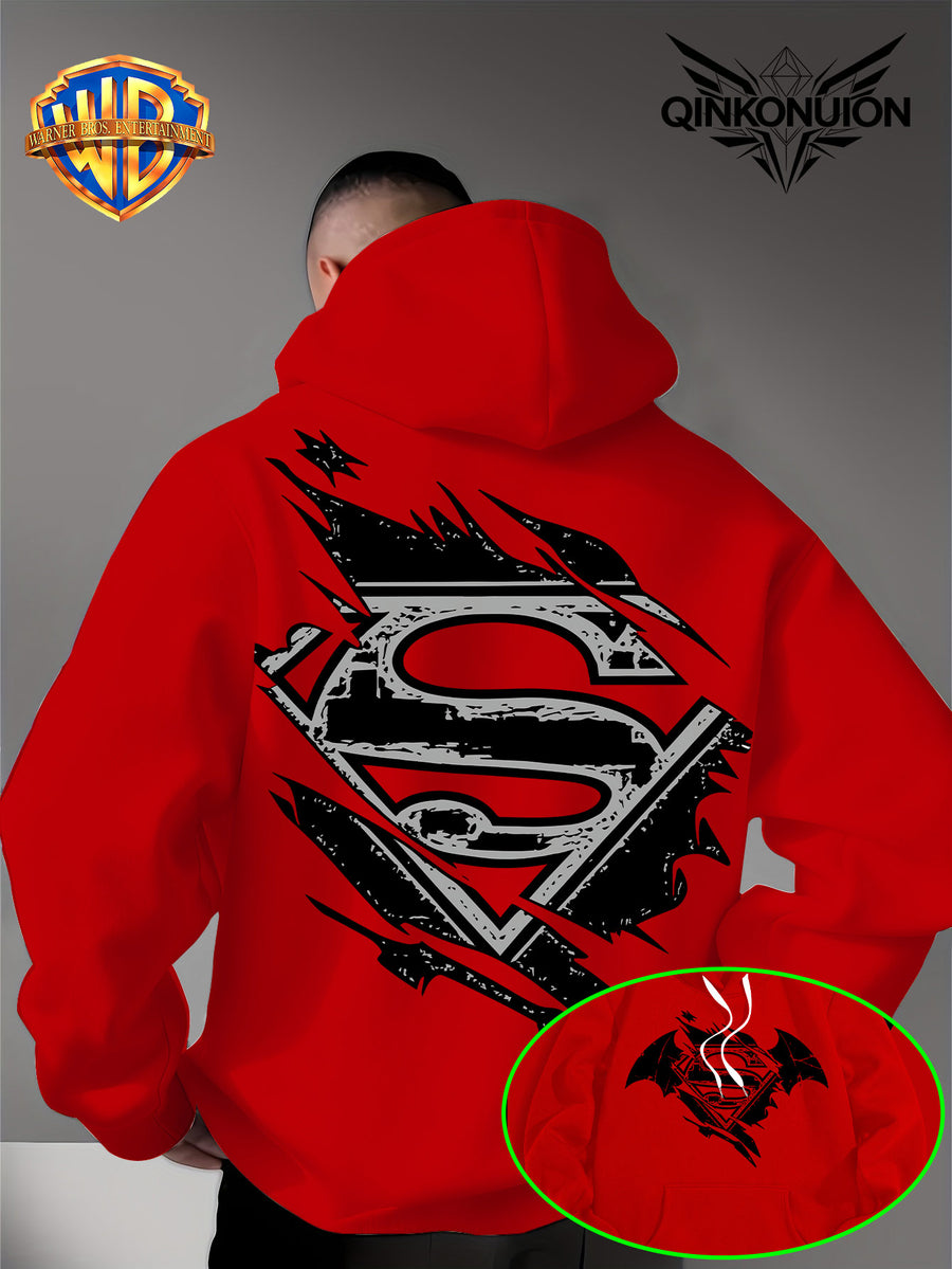 Warner Official Men's Hooded Sweatshirt, Black and White Distressed Batman Symbol Torn Wind Print Design, Machine Washable, Cozy and Comfortable Daily Drawstring Hooded Sweatshirt for Autumn and Winter, Versatile Sporty Casual Loose Fit - Red