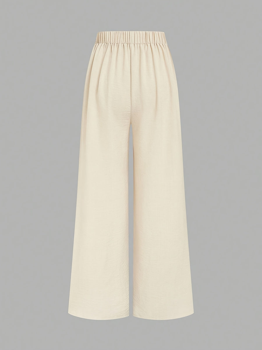 Women'S High-Waist Multi-Panel Wide-Leg Floor-Length Trousers Casual Loose Bottoms - Apricot