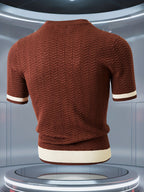 Men's Knit Short Sleeve Sweater, Heavy Craft Wave Jacquard Slimming Vertical Stripes, Stylish Trendy Thermal Base Layer, Thick Half Sleeve for Spring Autumn Winter, High-Quality Pullover, Can Be Worn Alone or as a Base Layer - Coffee Color