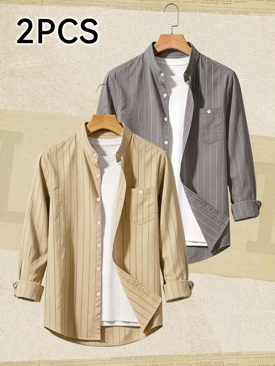 2pcs Set Stand Collar Striped Shirt; Spring/Autumn Loose Fit Casual Business Simple Versatile Top; Daily Commute Breathable 2pcs Men's Outfit - Khaki+grey