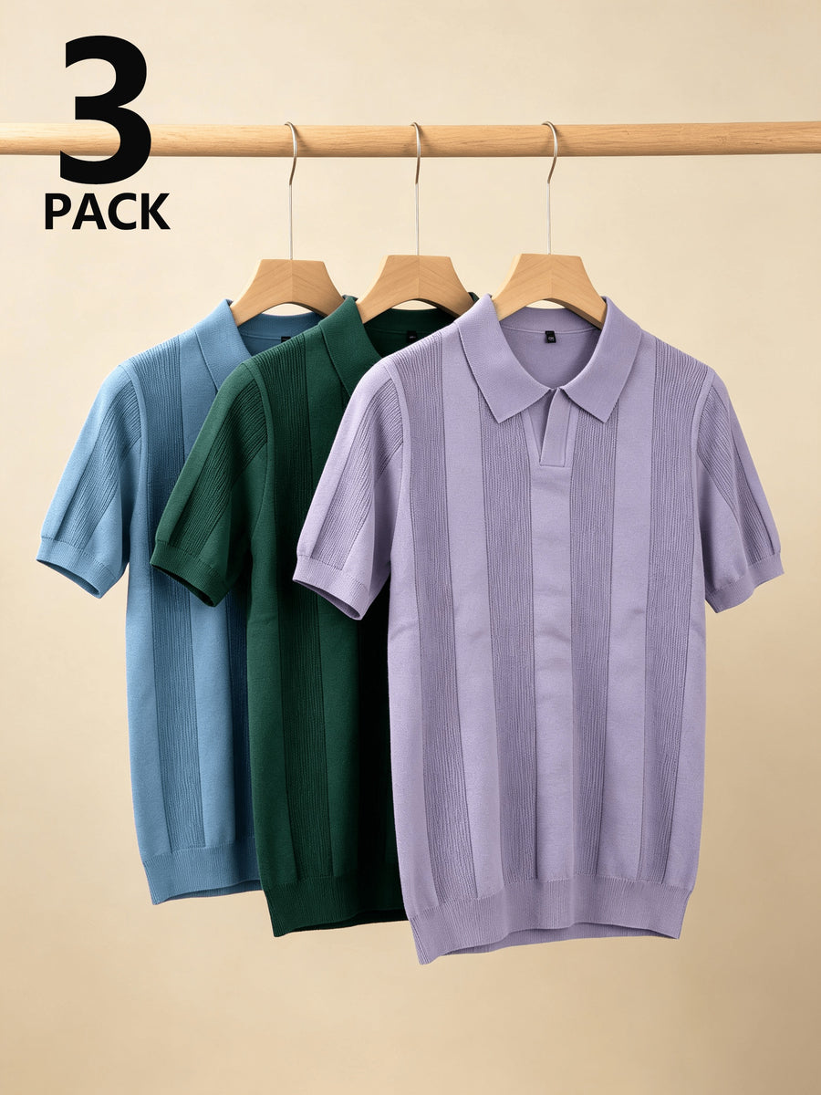 Men 3pcs Vertical Textured Knit Polo Shirts, Slim Fit Notch Collar Short Sleeve Knitwear, Lightweight Comfort Shirts for Office Vacation Daily Wear - Light Blue-Green-Purple