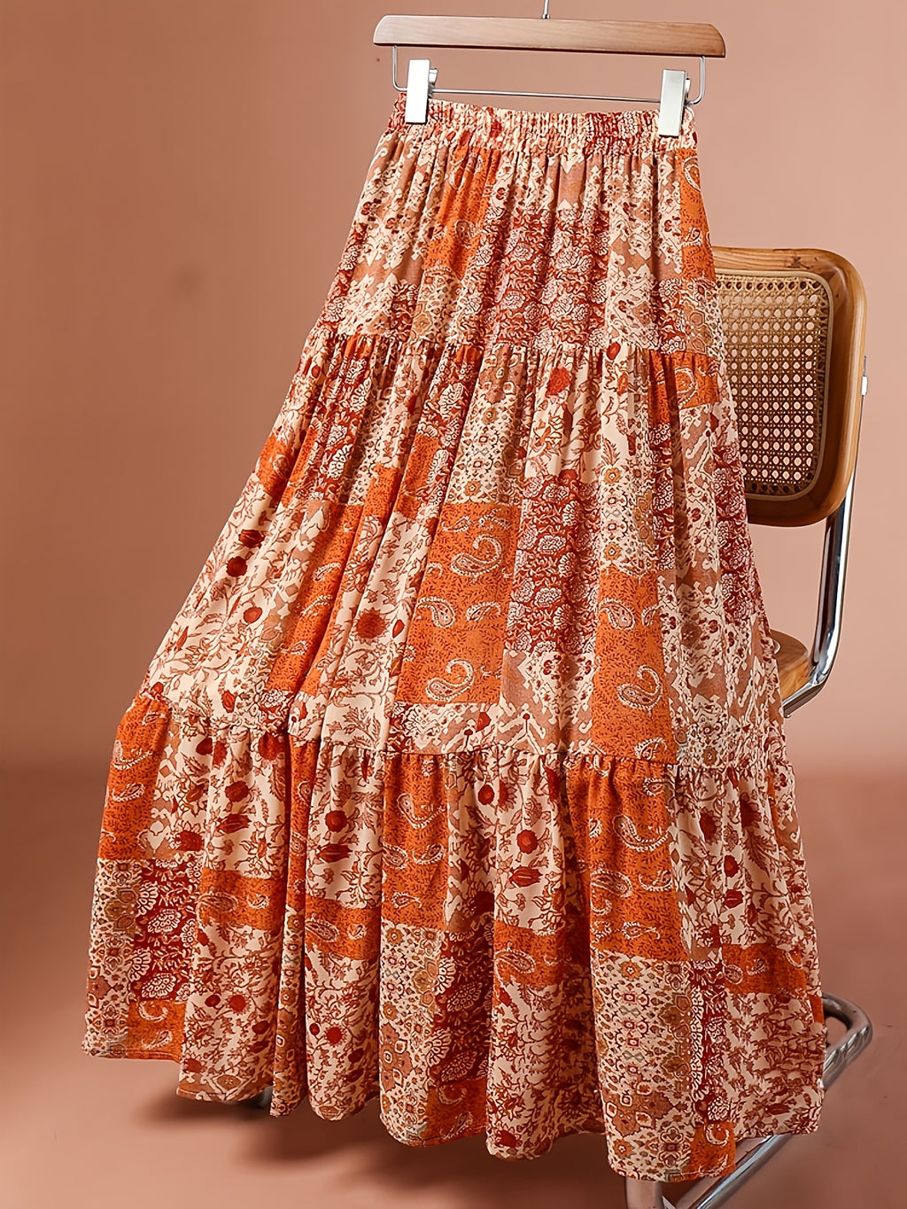 Women's Elegant Printed Midi Skirt with Elastic Waist - Multicolor