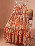 Women's Elegant Printed Midi Skirt with Elastic Waist - Multicolor