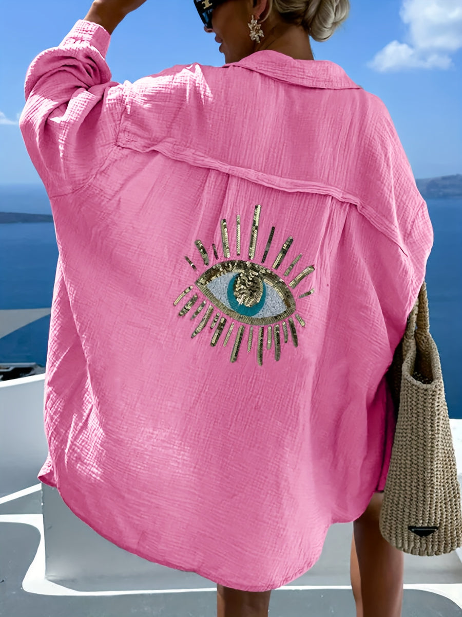 Fashionable Spring/Summer Elegant French-Style Loose Fit Casual Women's Long Sleeve Shirt with Eyelet Detail at the Back - Pink Color