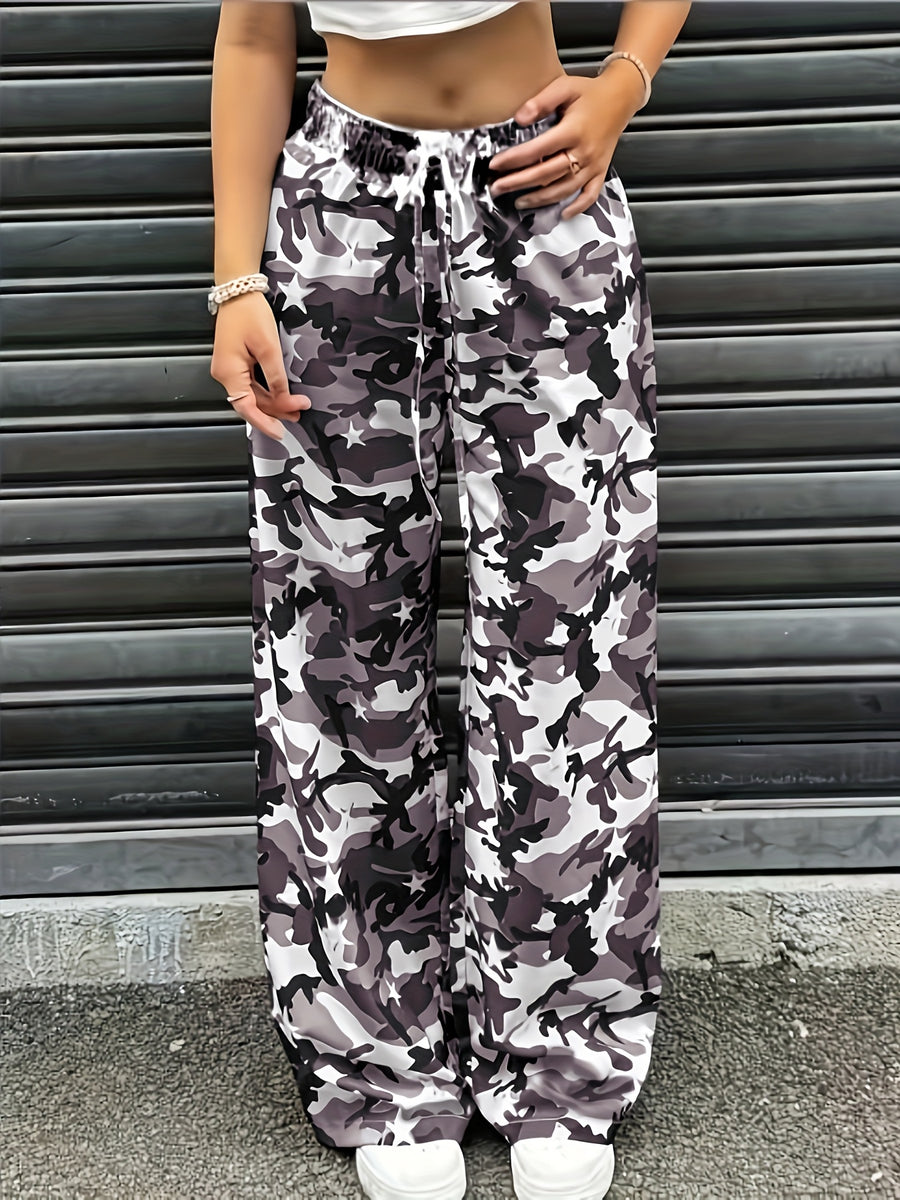 YY0720291 Women'S Casual Camo Print Drawstring Wide-Leg Pants - Purple