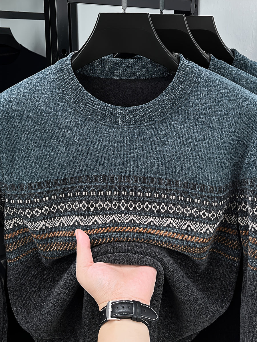 Men's Crew Neck Jacquard Knit Sweater, Autumn/Winter Mid-Life Warm Base Layer Top - Grey