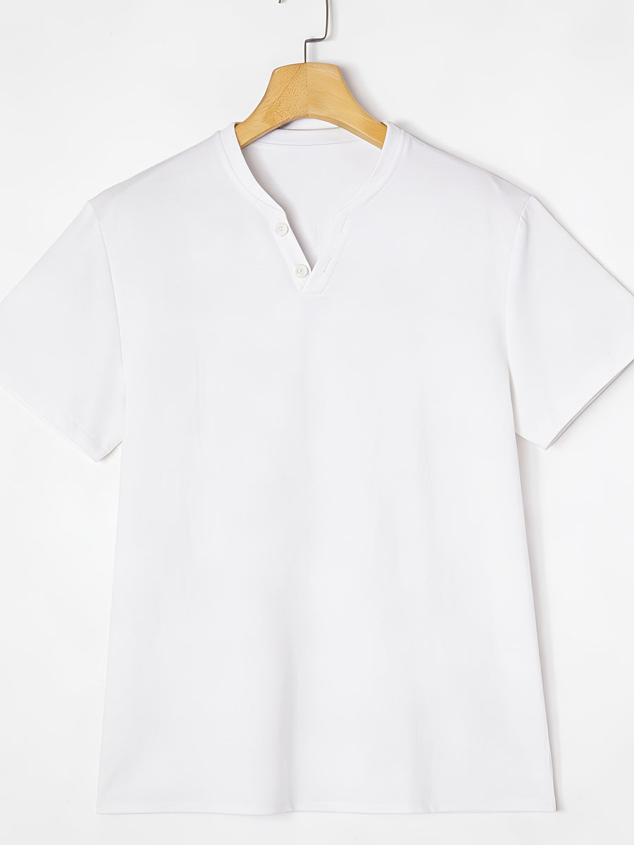 Men'S Summer Solid Short Sleeve T-Shirt, Button-Up V-Neck Casual Top, Soft And Comfortable Linen Fabric, Suitable for Daily Home And Outdoor Wear - White