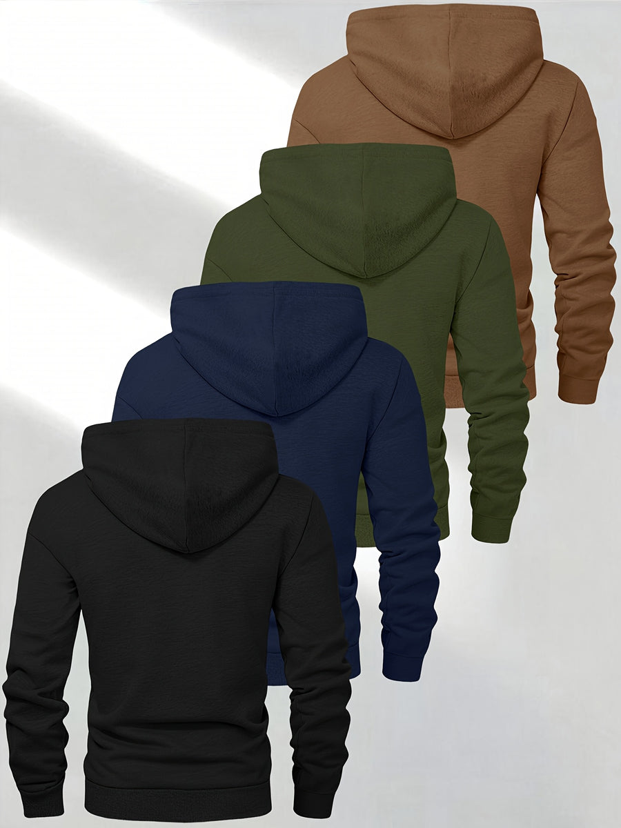 4-Pc Men'S Solid Color Casual Hooded Sweatshirt, Drawstring Hoodie, Spring/Autumn Fashion Sporty Long Sleeve Pullover, Outdoor Activities And Daily Casual Wear - 4pcs-Black+navy blue+Army Green+coffee
