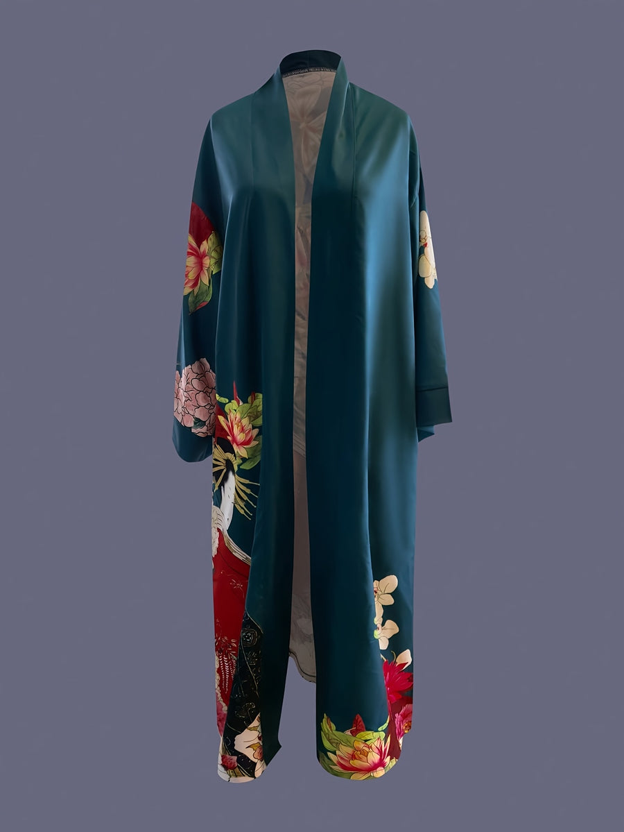 Japanese Printed Mid-Length 3/4 Sleeve Kimono Cardigan Thin Jacket Women'S Western Elegant Ethnic Style Street Casual Cover-Up Outerwear Beach Travel Vacation Cape Japanese Style Thin Cloak Jacket Home Yukata Belt Bathrobe Cover-Up - Dark Green