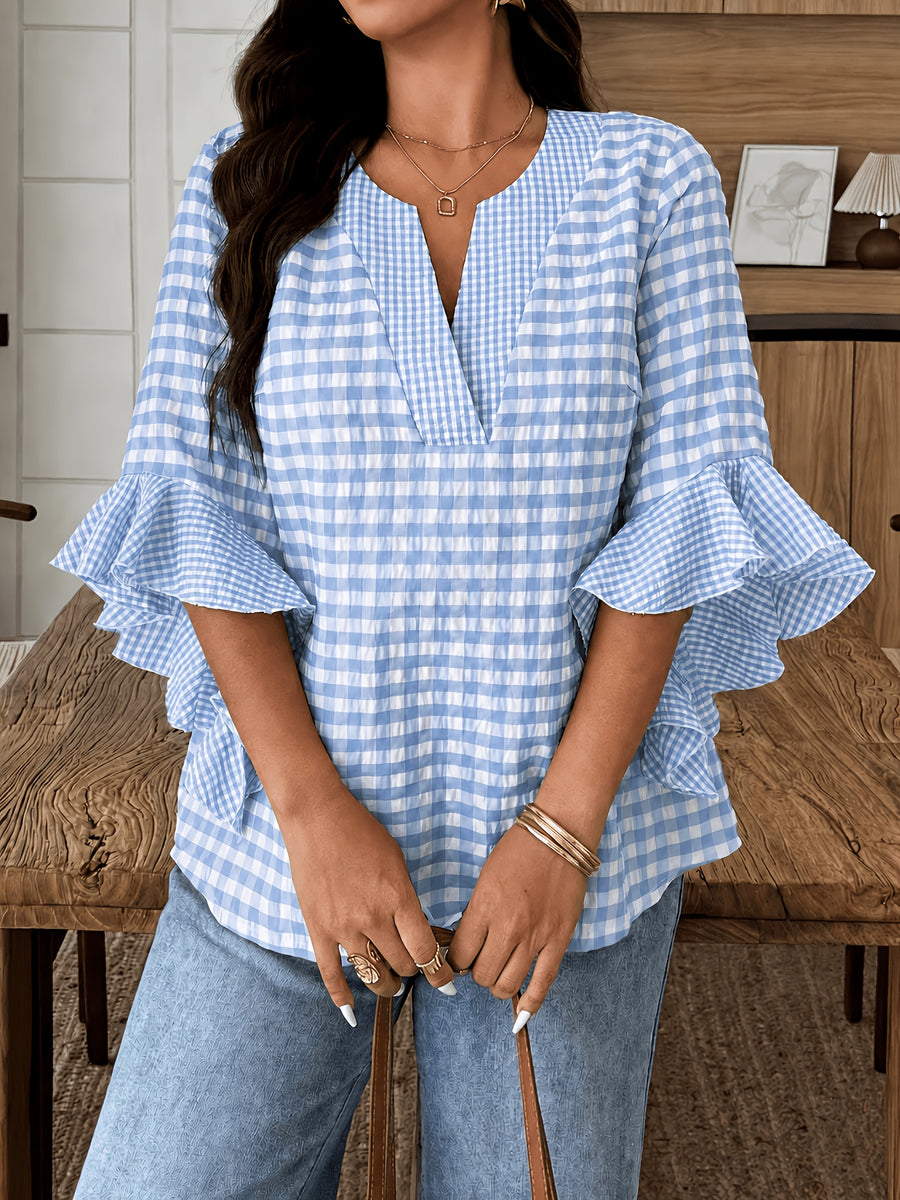 Women's Colorful Plaid Flared Sleeve Shirt for Spring, Summer, and Autumn, Casual Checkered Patchwork Shirt with Large and Small Plaid Patterns, Plaid Shirt for Vacation, Leisure, and Work Commutes - Light Blue