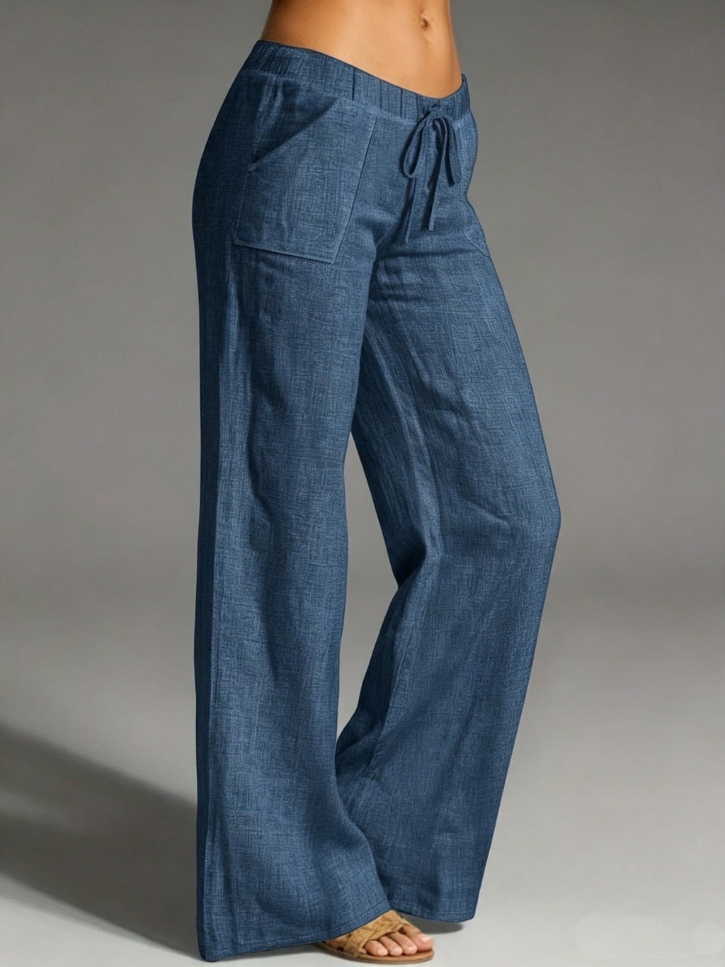 Women's Dusty Blue Straight-Leg Tapered Pants with Elastic Waist - Solid Color Non-Stretch Suitable for Daily Wear, Beach Parties & Autumn Holidays, Casual Solid Color Pants for Spring Summer Fall Outfits - Navy Color