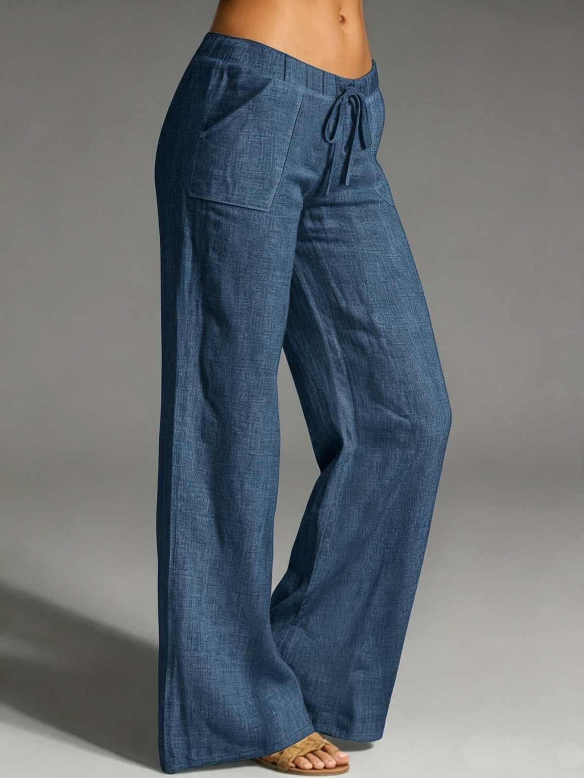 Women's Dusty Blue Straight-Leg Tapered Pants with Elastic Waist - Solid Color Non-Stretch Suitable for Daily Wear, Beach Parties & Autumn Holidays, Casual Solid Color Pants for Spring Summer Fall Outfits - Navy Color