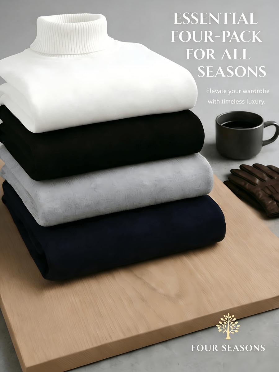 Four Seasons Luxury High-Neck Knit 4pcs Set. Crafted from Skin-friendly Knitted Fabric with a Delicate Texture That Emits a Soft, High-end Glow. The Soft, Smooth Feel Offers Unrestricted Comfort Against the Skin. The Classic High-neck Design Provides - Black+Light Gray+Navy Blue+White