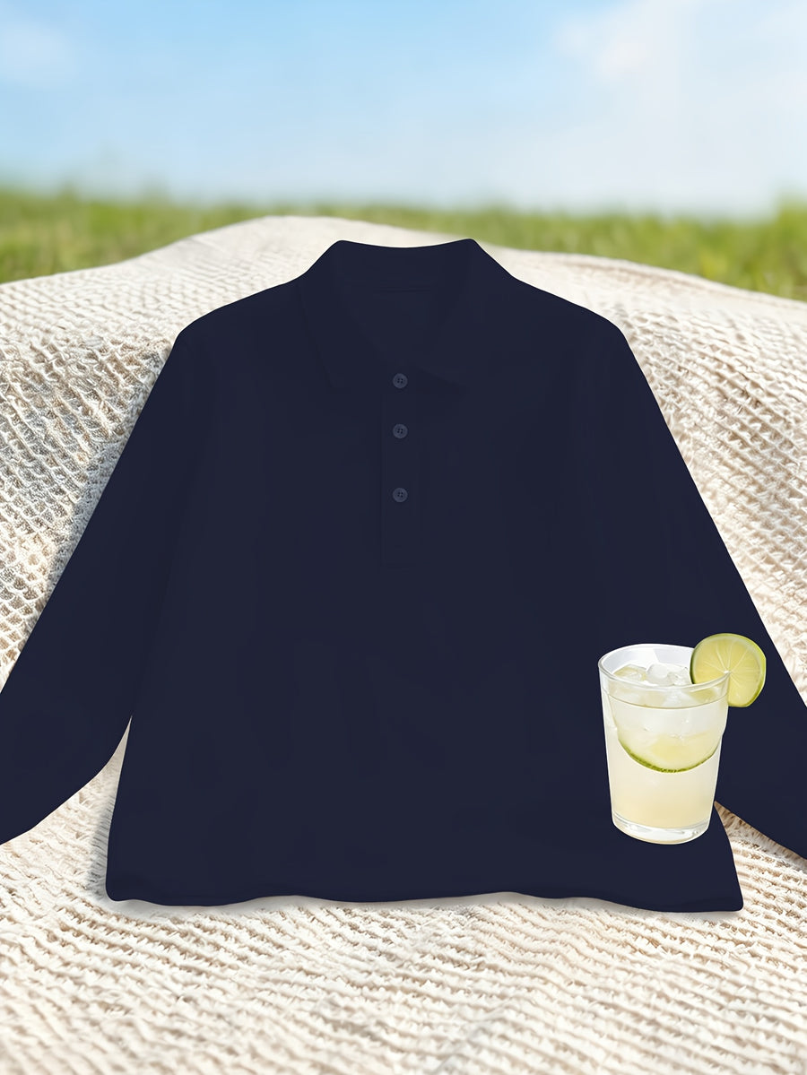Fresh Solid Color Easy Lapel 3-Button Design Spring Autumn Casual Commute All-Match Men'S Long Sleeve POLO Shirt - Navy Color