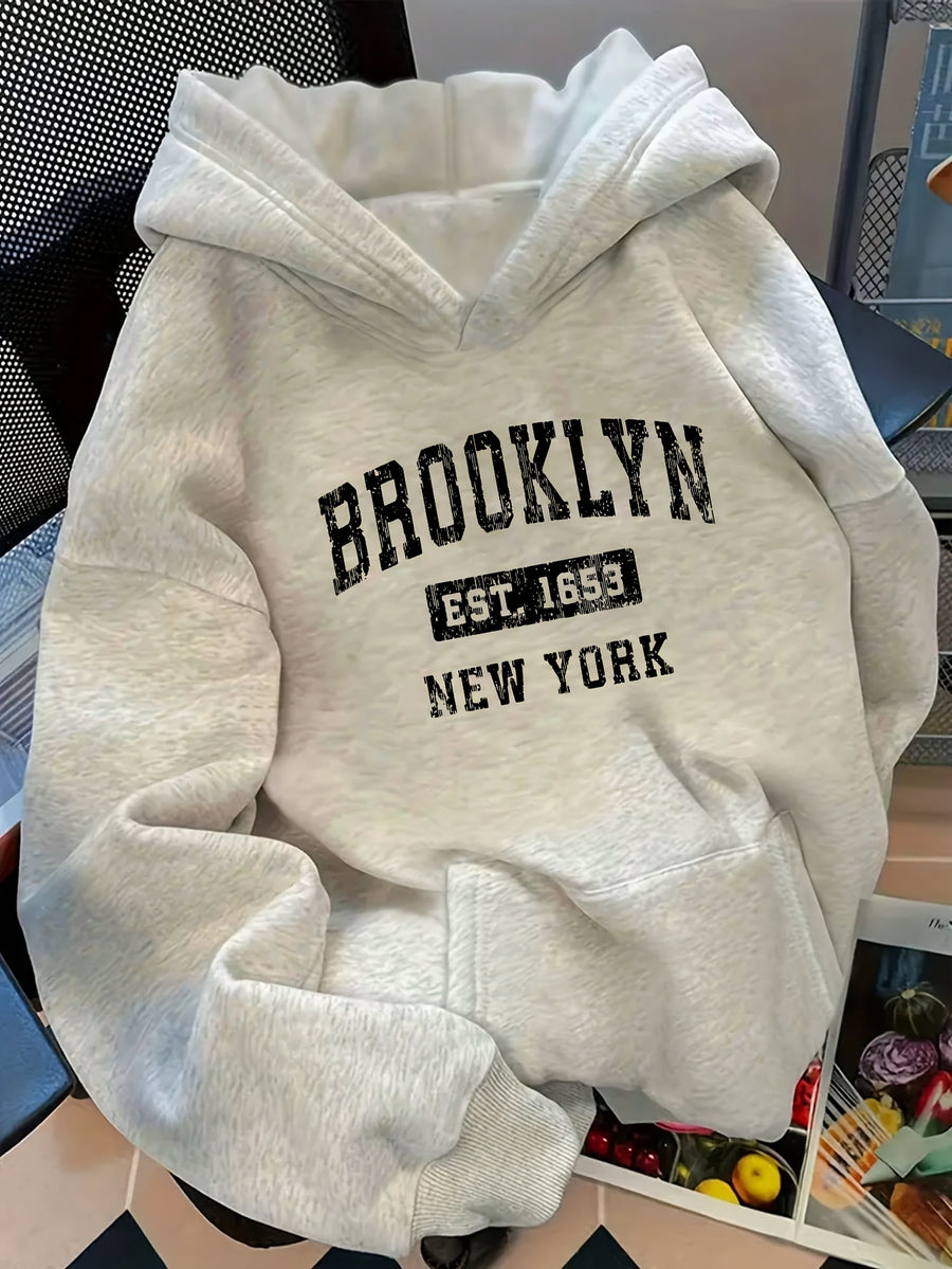 D92 - Autumn/Winter American Vintage Women's Oversized Pullover Hooded Sweatshirt, Trendy Creative Vintage New York Brooklyn Distressed Letter Graphic Print, Black Friday Outfit for Style Enthusiasts, Commuting, Casual, Winter -Lined Warm - White Flower Gray