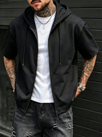 Men's Hooded Zip-Up Cardigan Top, Short Sleeve, Can Be Worn as an Outer Jacket, Comfortable and Stylish, Solid Color, Versatile, Casual, Suitable for Walking, Dating, Commuting, and Outings, 2HLT79 - Black