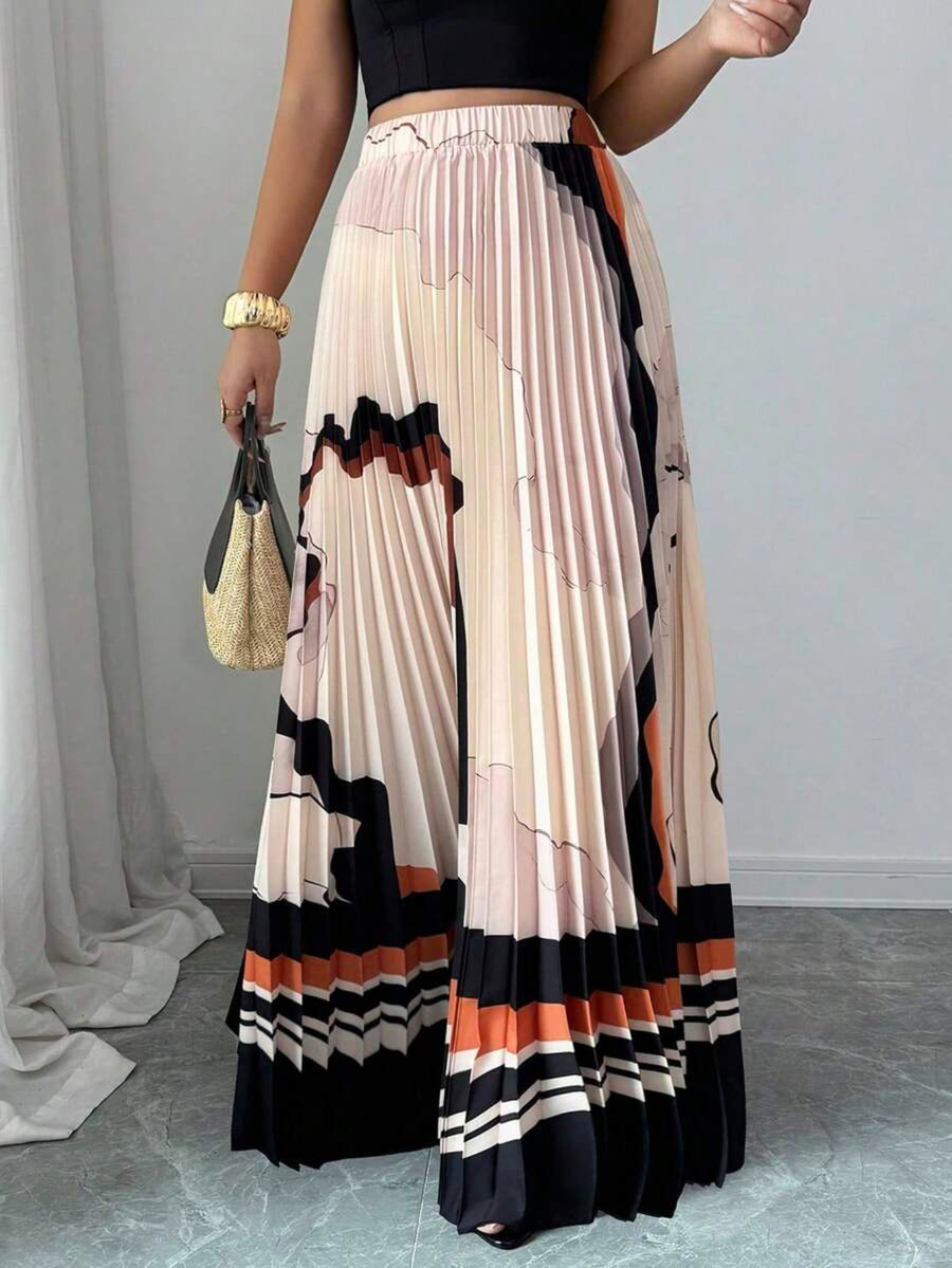 DW260507018 Women'S Summer Marble Print Digital Positioning Printed Skirt, Elastic Waistband Easy to Wear, Pleated A-Line Skirt - White