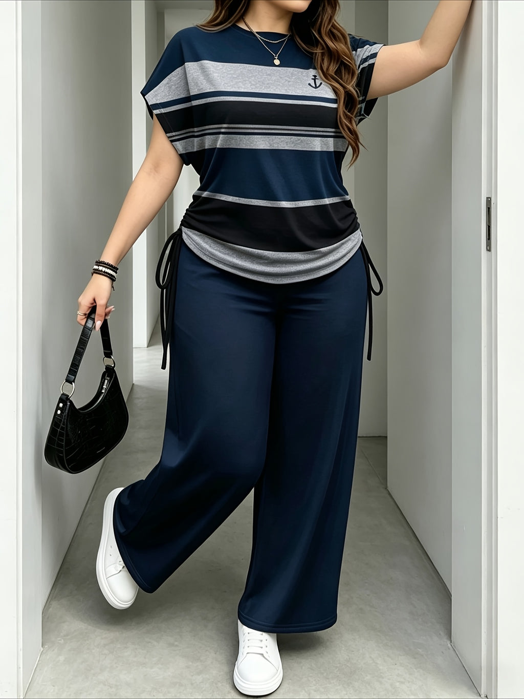 Ladies Two-Piece Set - Casual Minimalist Vacation Style Two-Piece Set - Red And Blue Stripe Design, Suitable for Summer And Autumn Transition Wear, Bow Side Drawstring - Mixed Color 4