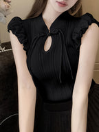 Sleeveless Top with a Solid Color, Featuring a Stand Collar And Ruffles, Perfect for Casual Spring And Summer Wear, Versatile And Elegant for Women'S Fashion - Black