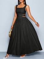 Women'S Elegant Square Neckline, Openwork Waist, Tie And Suspender Dress; Hawaiian Pleated Backless A-Line Skirt; Women'S Spring/Summer Dress; Elegant for Commuting, Casual Wear, Romantic Dates, Bridesmaid Dress - Black