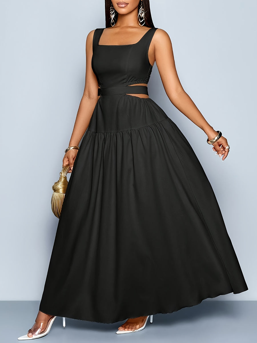 Women'S Elegant Square Neckline, Openwork Waist, Tie And Suspender Dress; Hawaiian Pleated Backless A-Line Skirt; Women'S Spring/Summer Dress; Elegant for Commuting, Casual Wear, Romantic Dates, Bridesmaid Dress - Black
