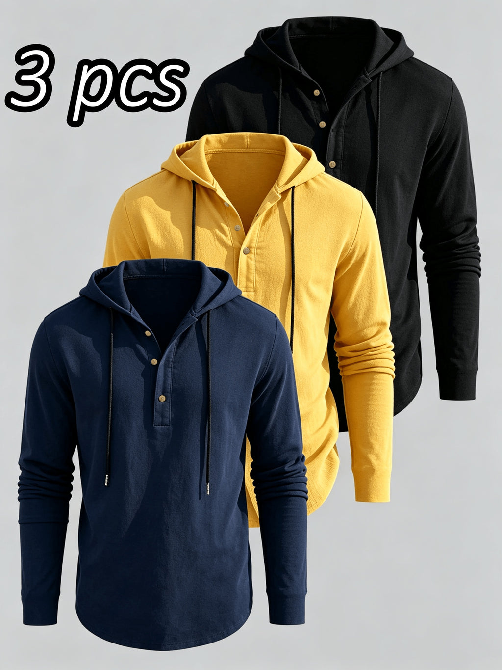Men's 3pcs Set: Henley Collar Hooded Long-Sleeve T-Shirt, Half-Button Drawstring Hoodie, Casual Loose-Fit Long-Sleeve Pullover for Everyday Versatility - Navy blue + yellow + black