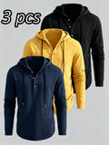 Men's 3pcs Set: Henley Collar Hooded Long-Sleeve T-Shirt, Half-Button Drawstring Hoodie, Casual Loose-Fit Long-Sleeve Pullover for Everyday Versatility - Navy blue + yellow + black