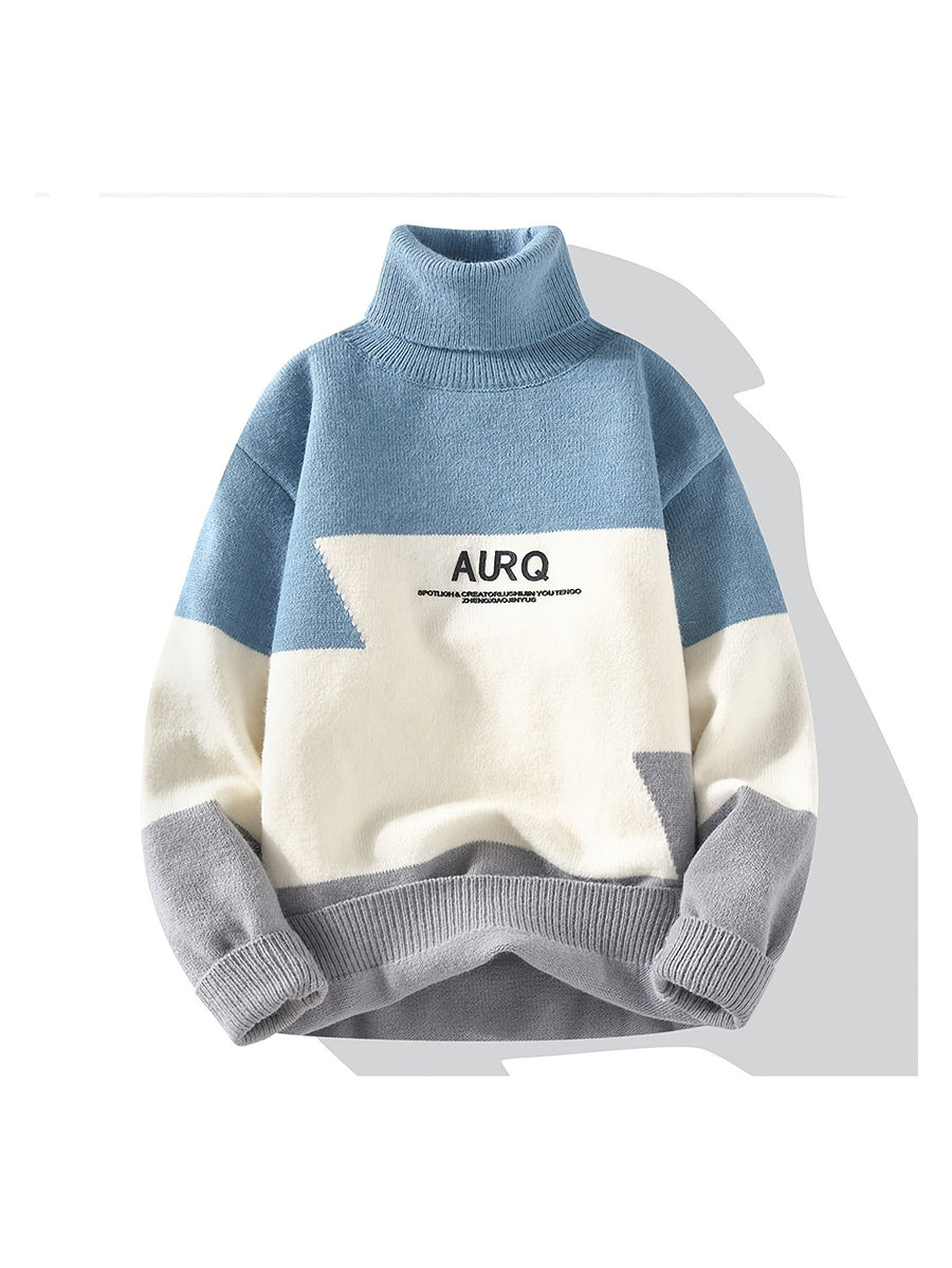 Autumn and Winter New Youth Men's High Collar Multi Color Splicing Letter Jacquard Knitted Sweater Warm Sweater Fashionable, Casual and Versatile - Royal Blue