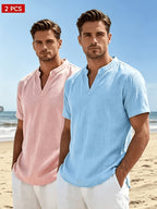 2pcs Men's Fashion V-Neck And Linen Blend Breathable Comfortable Casual Short-Sleeve Shirt - Blue+Pink