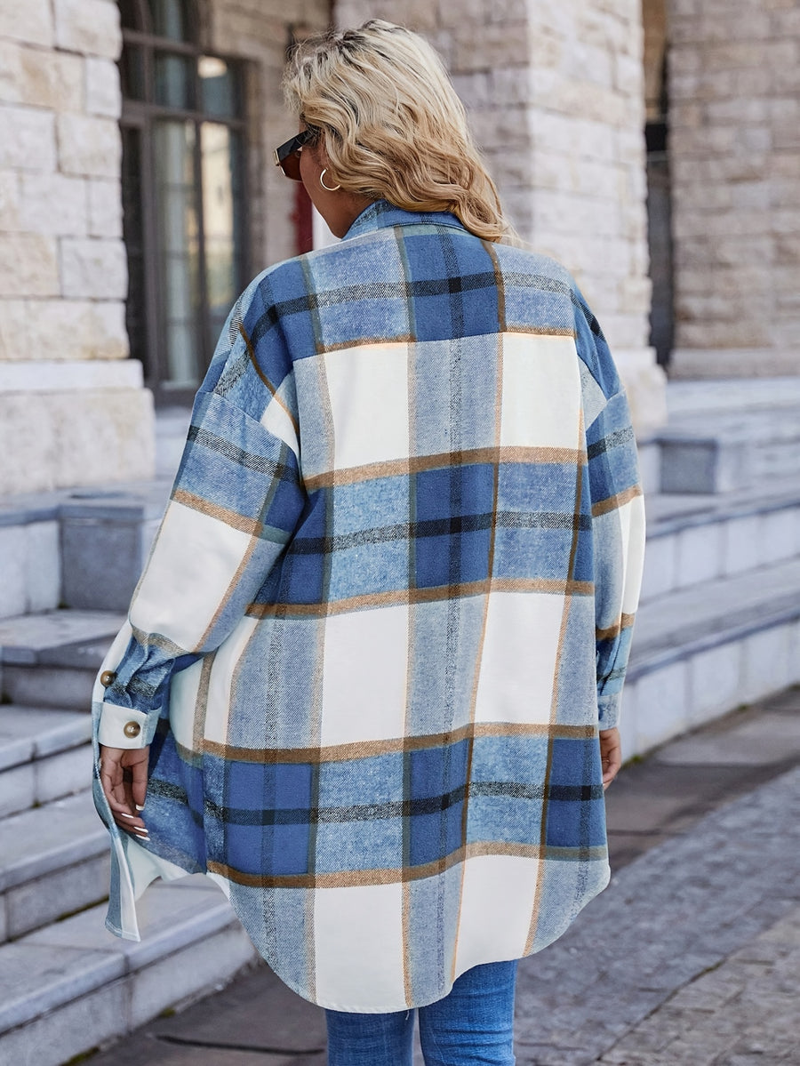 Spring/Autumn Women'S Casual Long Sleeve Plaid Fleece Winter Warm Shirt-Style Coat Long Length Jacket Overcoat - Blue