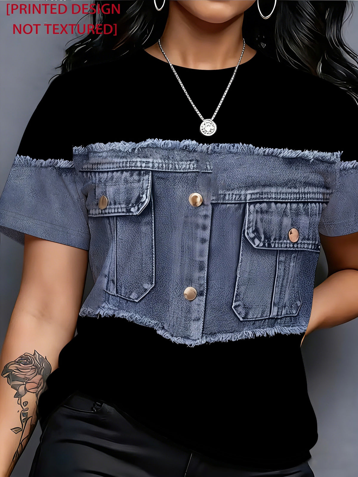 Printed Design - Plain Imitation Denim Frayed Edge Vest Print Black Short Sleeve T-Shirt for Women,  Patchwork Button Pocket Creative Pattern Crew Neck Top, Loose Fit Trendy Versatile Daily Casual Pullover Base Layer - Black