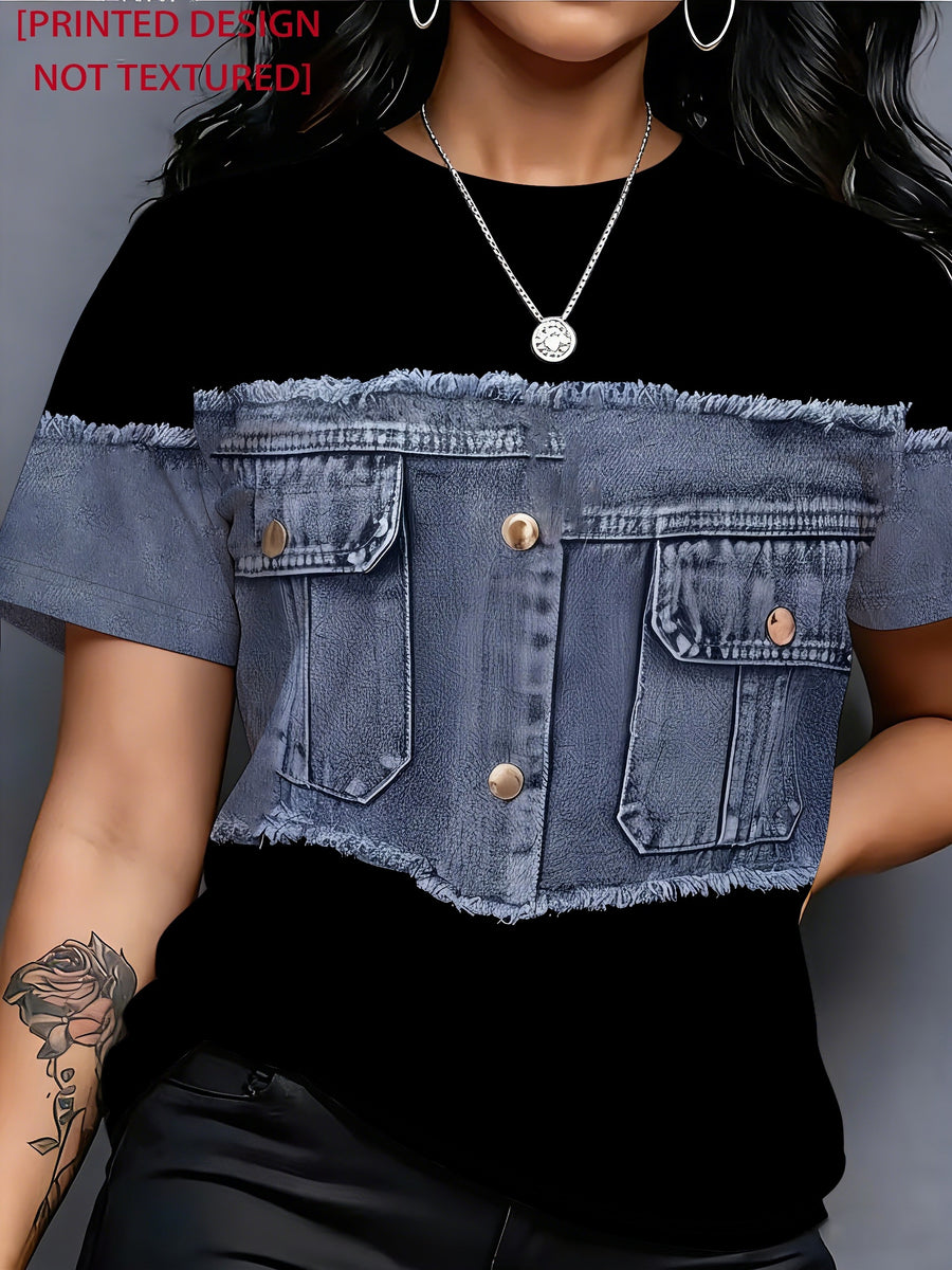 Printed Design - Plain Imitation Denim Frayed Edge Vest Print Black Short Sleeve T-Shirt for Women,  Patchwork Button Pocket Creative Pattern Crew Neck Top, Loose Fit Trendy Versatile Daily Casual Pullover Base Layer - Black