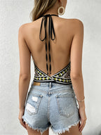 New Women's High-End Vintage Print Halter Neck Strappy Triangle Scarf Tie Short Top, Summer Hot Vibe Waist-Revealing Vest - Multicolor