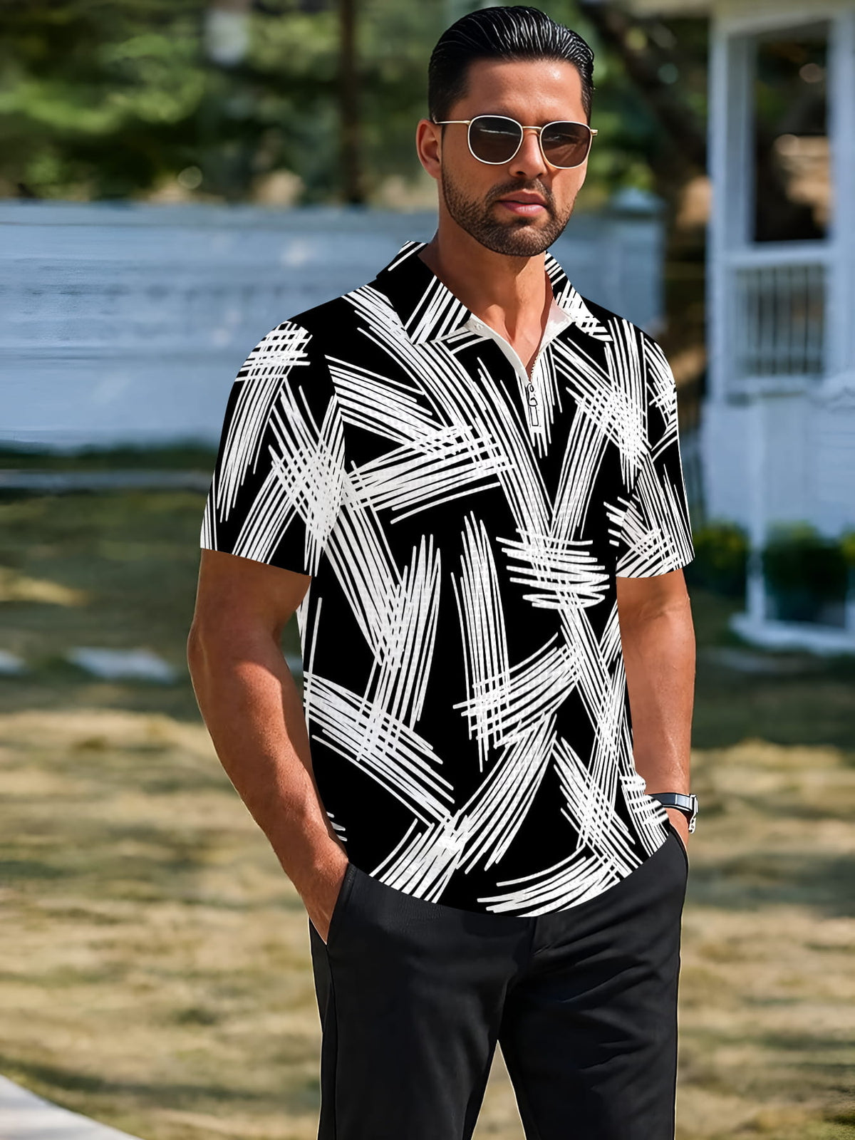 Summer Solid Color Minimalist Men's Waffle Knit Polo Shirt Casual Half-Zip Lapel Short Sleeve T-Shirt Versatile and Elegant Top - Mixed colors