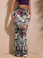 Latin American Style Butterfly Print Hip-Hugging High-Stretch Bodycon Mermaid Maxi Skirt, Hot Half Skirt, Long Length, Print Fabric, Soft, Skin-Friendly, and Breathable - Multicolor