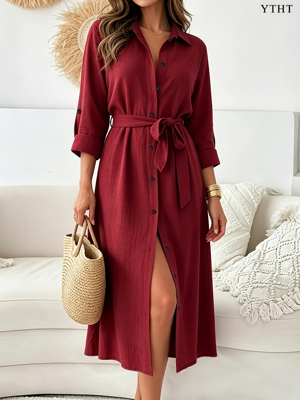 Women's Elegant Button- Shirt Dress with Collar & Split Front - Self-Tie Waist Belt, Loose Midi Length Dress Suitable for Vacation, Beach, Daily Wear, Bohemian Outfit, Machine Washable Fall/Winter Pencil Dress - Red