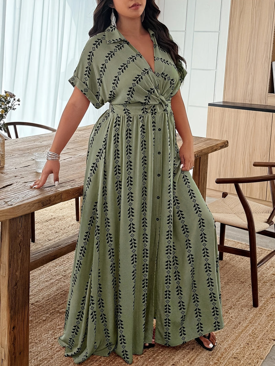 Plus Size Pink Geometric Print Shirt Dress, Women'S Short Sleeve Tie Front Maxi Dress, Casual Button A-Line Dress for Curvy Ladies 2026SS - Olive Green