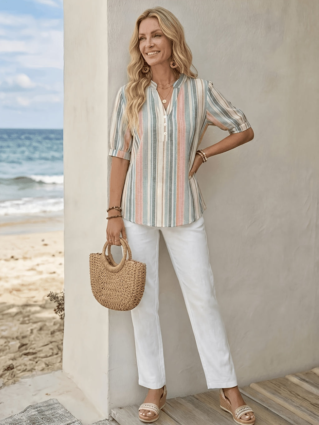 Striped V-neck Short Sleeve Shirt Universal - Mixed colors