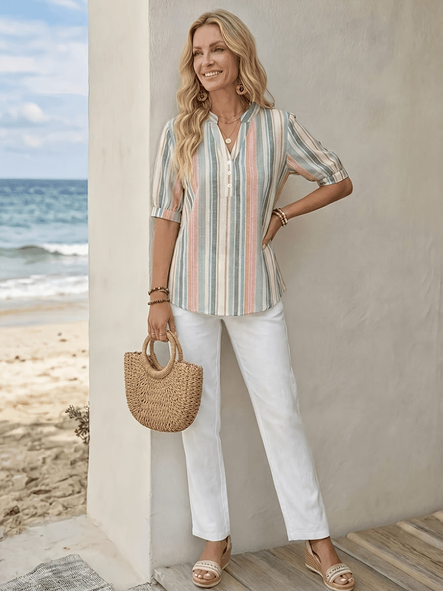 Striped V-neck Short Sleeve Shirt Universal - Mixed colors
