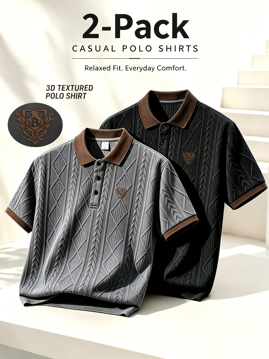2pcs, High-Quality Men'S Short Sleeve Collared Casual Polo Shirts, 3D Foam Classical Vase Pattern, Textured Ribbed Fabric, Soft And Skin-Friendly Quick-Dry, 3D Cut, Understated And Tasteful. Suitable for Business Office, Outdoor Sports - Black+gray