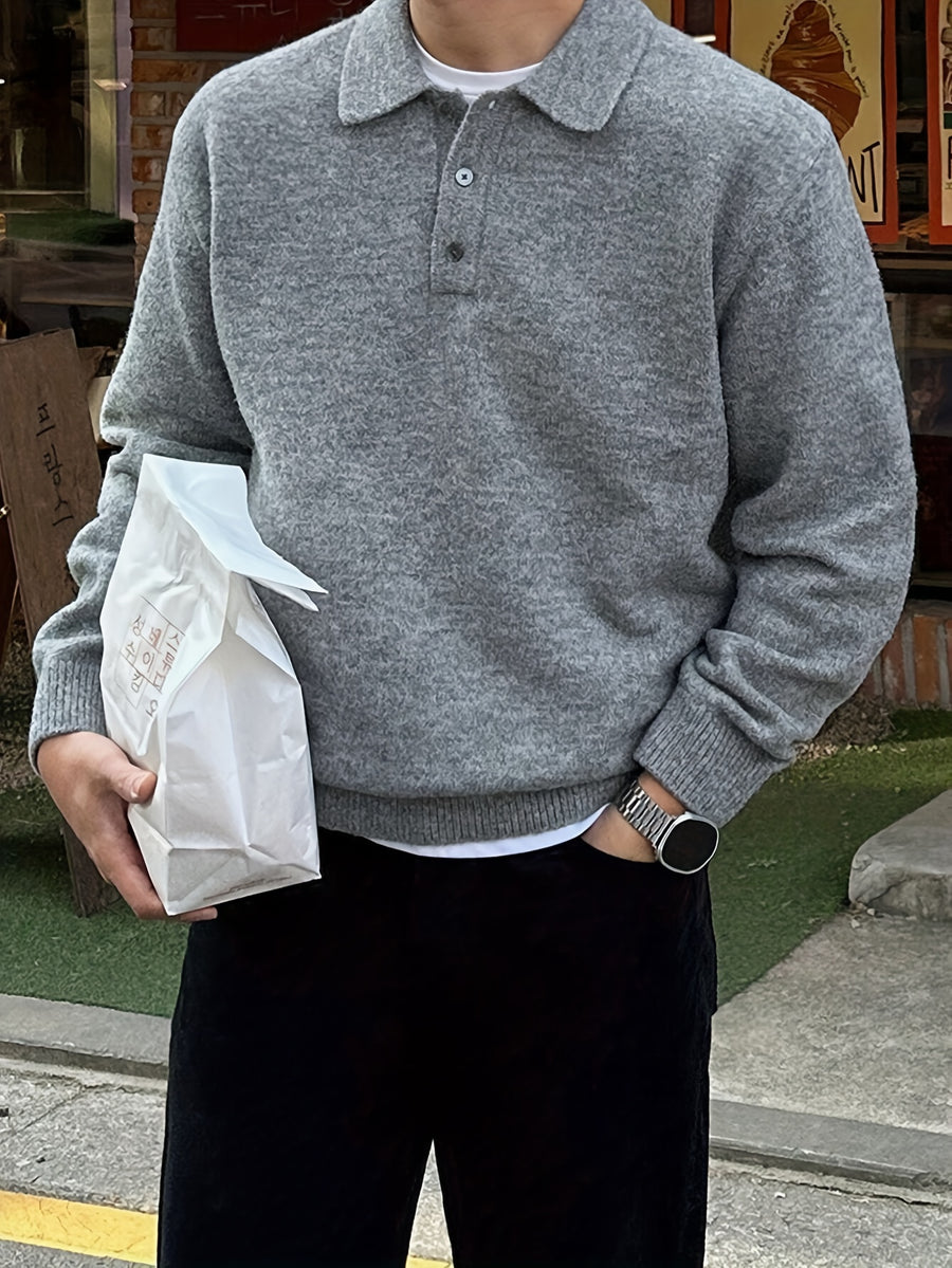 Men's POLO Collar Sweater for Autumn/Winter, Lazy-Style High-End Winter Pullover, Inner Layer Base Top, Lapel Knit Outerwear, Thick Jacket - Light Grey