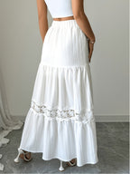 YY260201136 Women's Casual A-Line Dress with French-Style Lace Hem, Drawstring Waist, White Long Dress for Summer Vacation - White