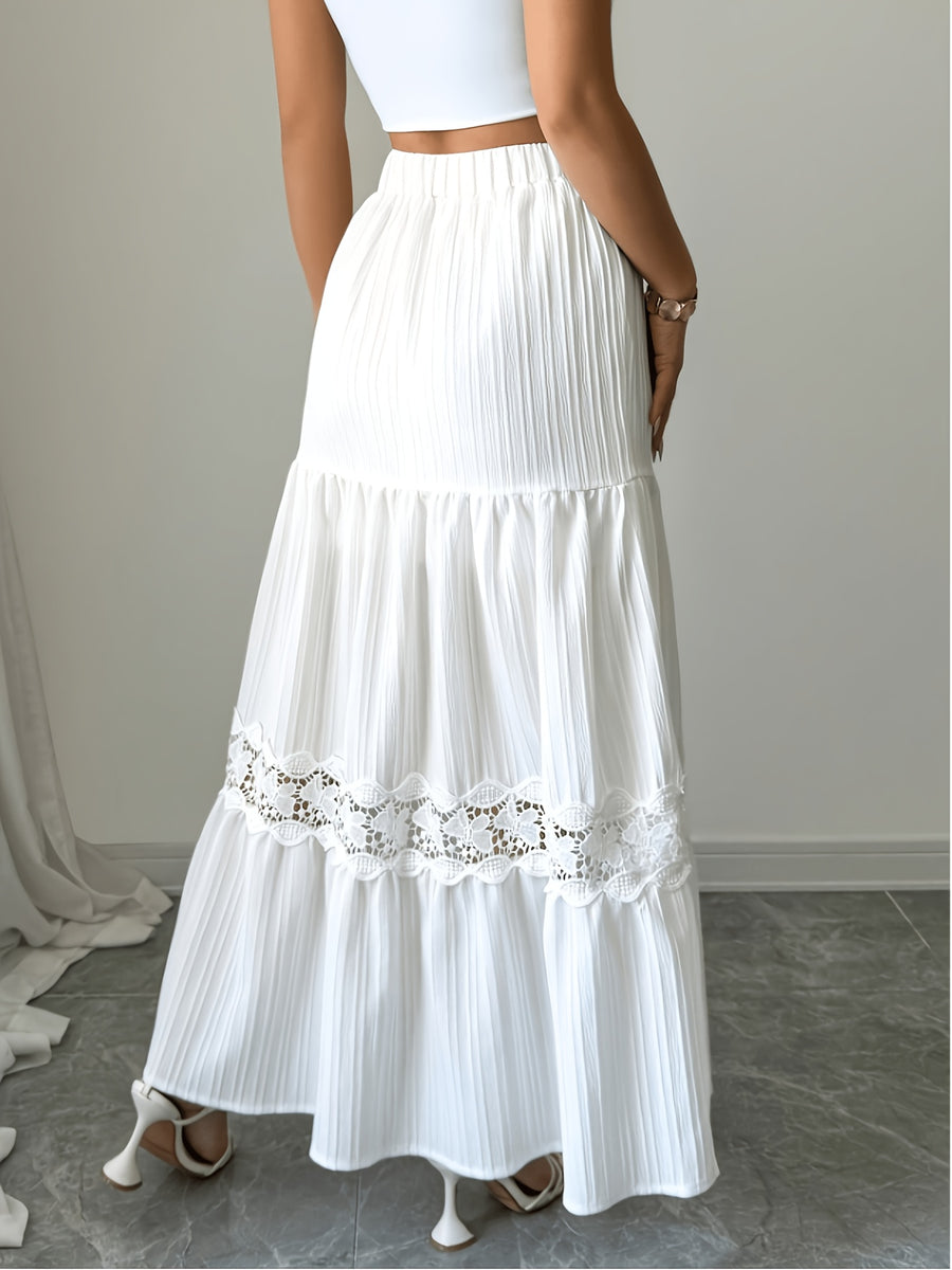 YY260201136 Women's Casual A-Line Dress with French-Style Lace Hem, Drawstring Waist, White Long Dress for Summer Vacation - White