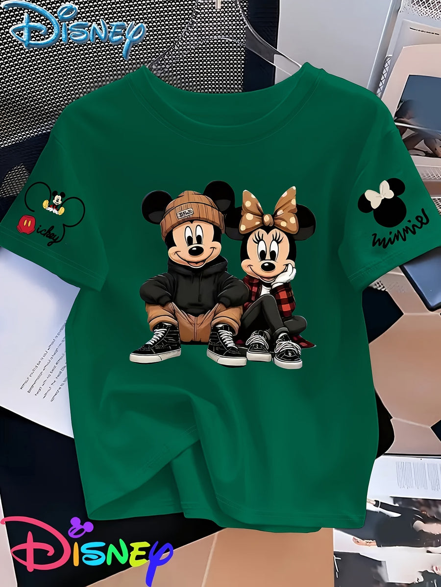 Mickey And Minnie Are Sitting Side by Side, with Mickey Hugging His Knees And Minnie Resting Her Chin on One Hand, Showcasing a Trendy Street Style Printed Short-Sleeve Women'S T-Shirt - Green