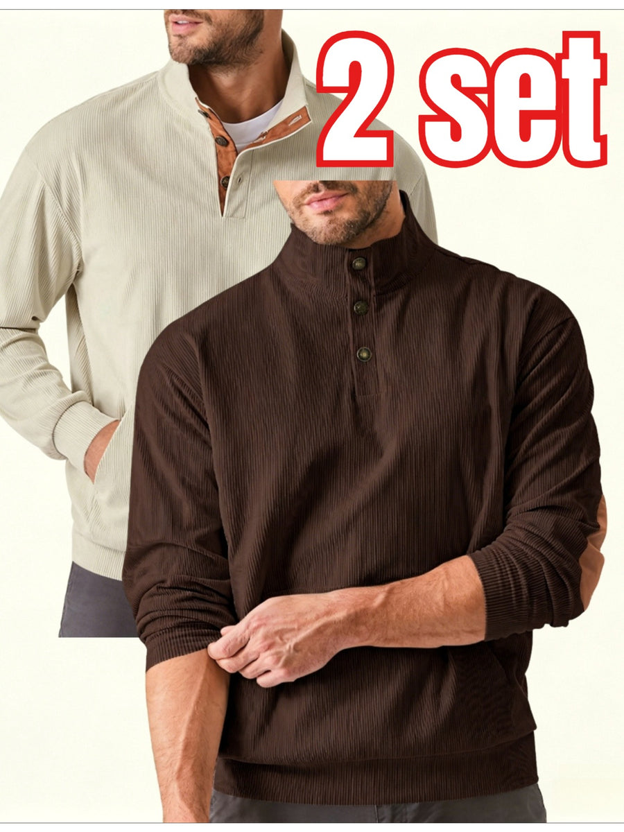 2pcs Men'S Corduroy Half-Button Stand Collar Long Sleeve Pullover Sweater, Contrast Color Button-Front Half-Open, Elbow Contrast Patchwork Decoration, Front Kangaroo Pocket, Ribbed Cuffs And Hem Retro Fashion Sweatshirt - xing+zong